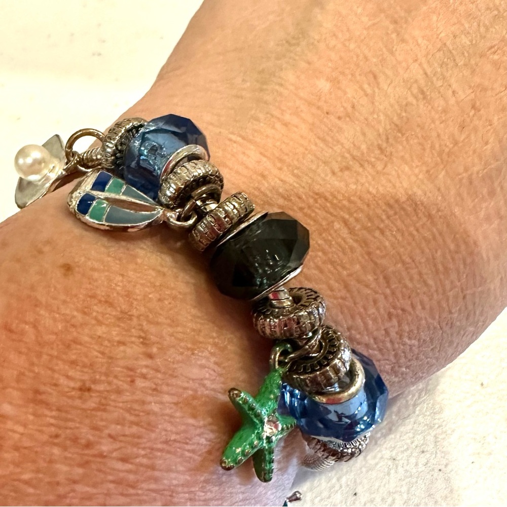 Nautical Charm Bracelet silver w/ blue & green w/ shell, boat, starfish & beads